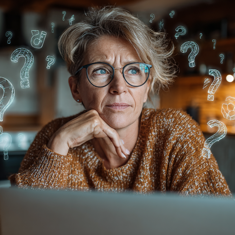 Woman with glasses looking puzzled with question marks around her head, sitting in front of a laptop.
